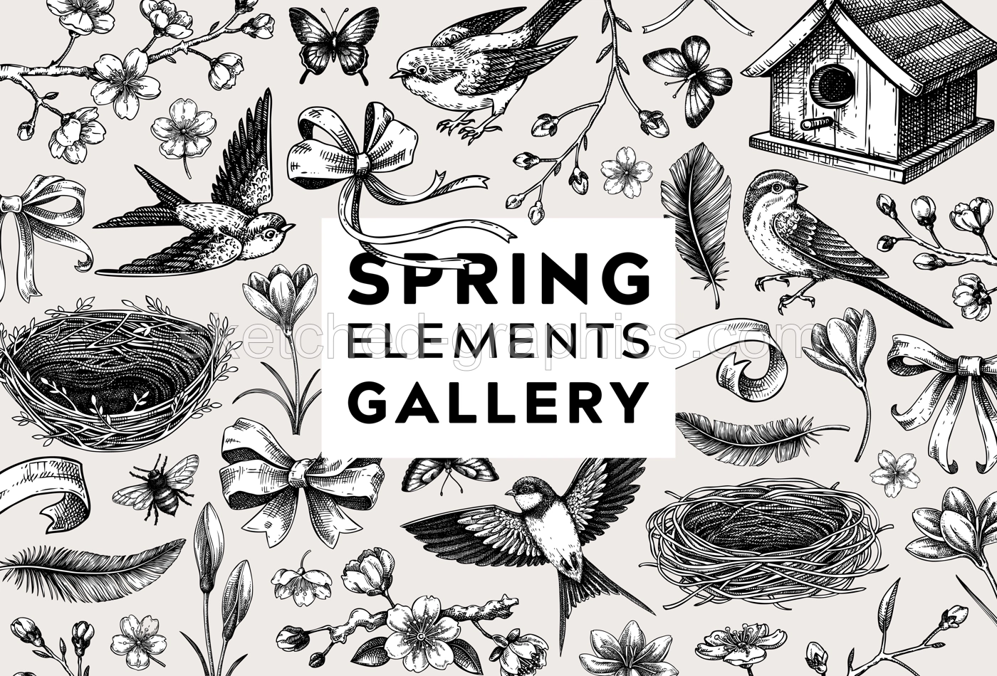 Hand-drawn spring background. Flying bird, sakura flower, bird house, bow and ribbon sketches. Easter vector illustrations. Vintage baroque frame design. NOT AI generated Illustration